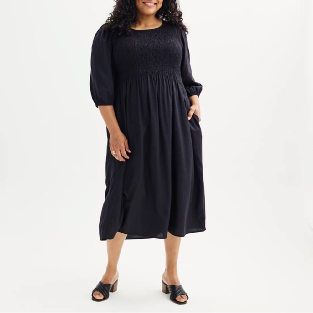 Plus Size Croft & Barrow® ¾ Sleeve Smocked Midi Dress